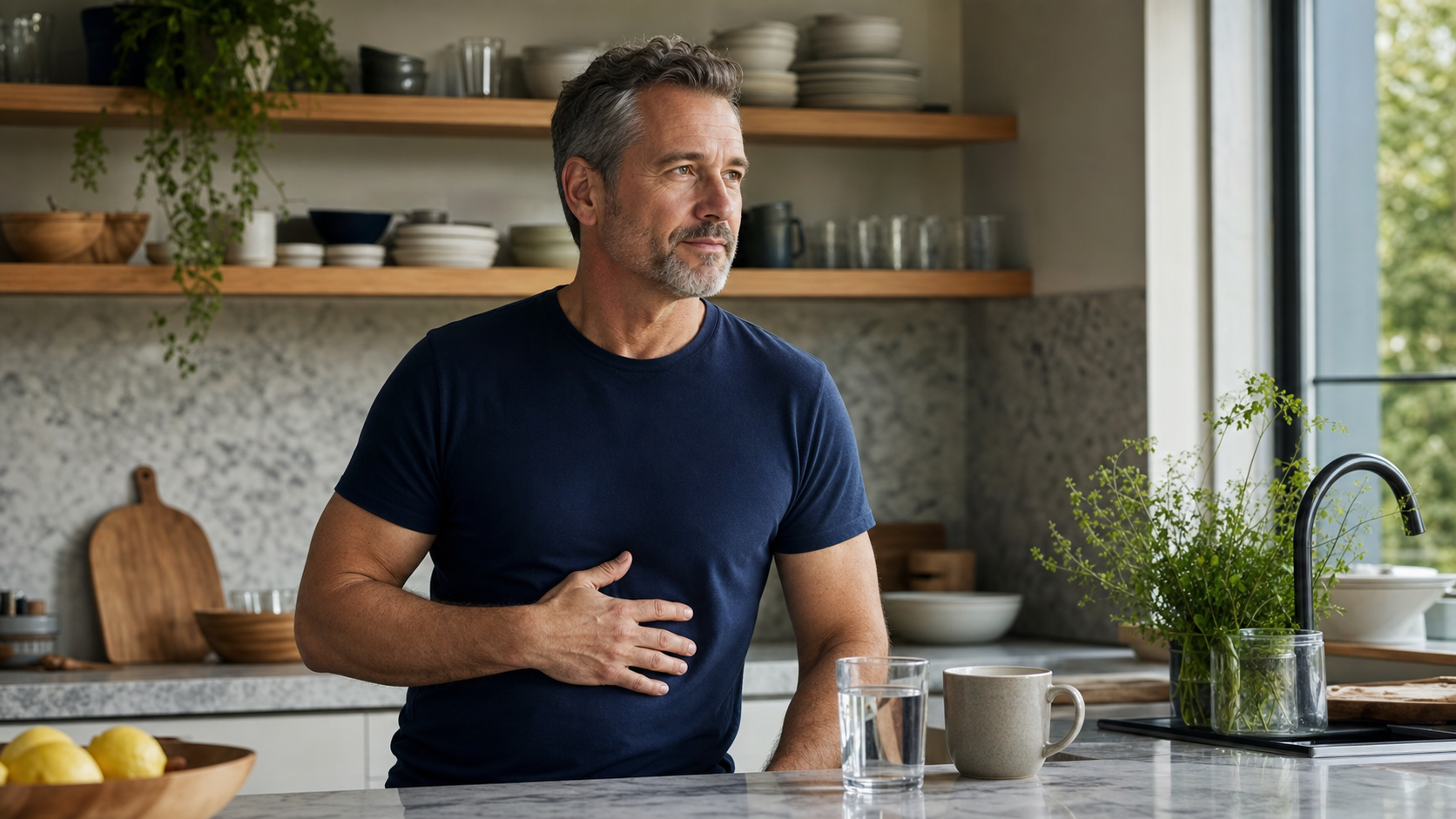 Man in a quiet morning kitchen thinking about a daily liver support routine